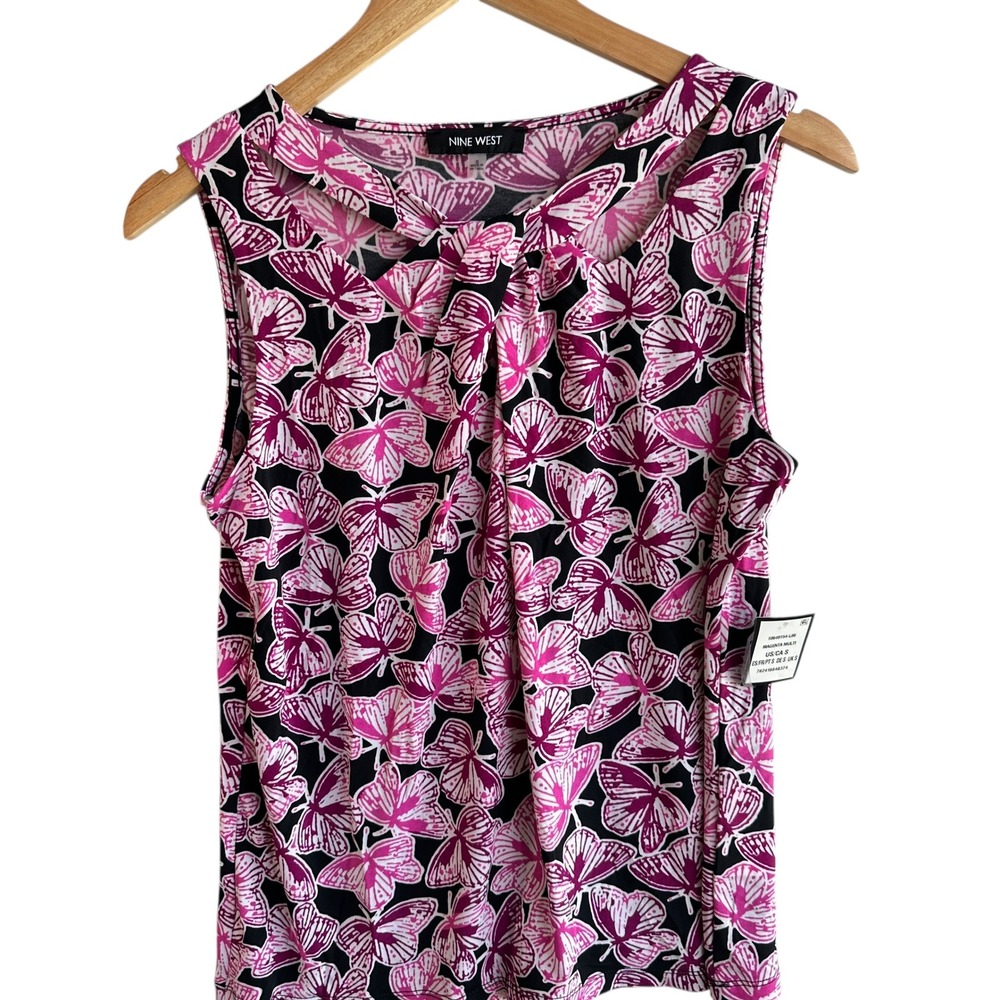 Nine West Top Butterfly Print Pleated Neck Magenta Work Classic Small Couquette‎